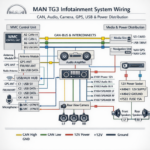 MAN TG3 infotainment system wiring diagram showing CAN bus connections, audio amplifier, rear camera, GPS antenna, USB hub and 12V power distribution