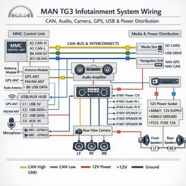 MAN TG3 infotainment system wiring diagram showing CAN bus connections, audio amplifier, rear camera, GPS antenna, USB hub and 12V power distribution