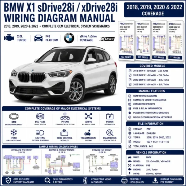 BMW X1 sDrive28i and xDrive28i F48 2018-2020 and 2022 wiring diagram manual PDF for 2.0L turbo electrical systems, DME, DSC, PT-CAN, xDrive, power distribution, and OEM circuit schematics.