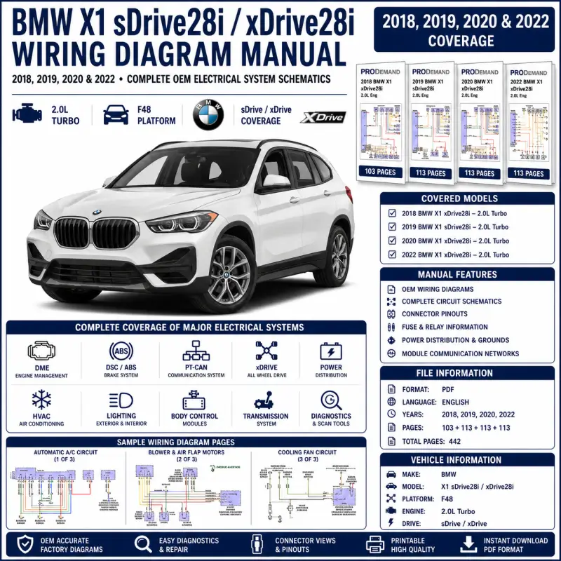 bmw-x1-sdrive28i-xdrive28i-f48-2018-2022-wiring-diagram-manual BMW X1 sDrive28i and xDrive28i F48 2018-2020 and 2022 wiring diagram manual PDF for 2.0L turbo electrical systems, DME, DSC, PT-CAN, xDrive, power distribution, and OEM circuit schematics.
