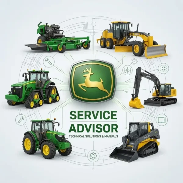 John Deere Service Advisor diagnostic software graphic featuring the brand logo surrounded by various agricultural and construction heavy equipment vehicles over a subtle technical diagram background.