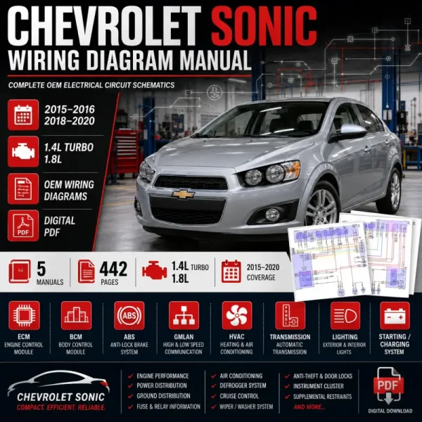 Chevrolet Sonic 2015–2016 and 2018–2020 1.4L Turbo and 1.8L wiring diagram manual covering ECM, BCM, ABS, GMLAN, power distribution, transmission, HVAC and OEM electrical schematics.