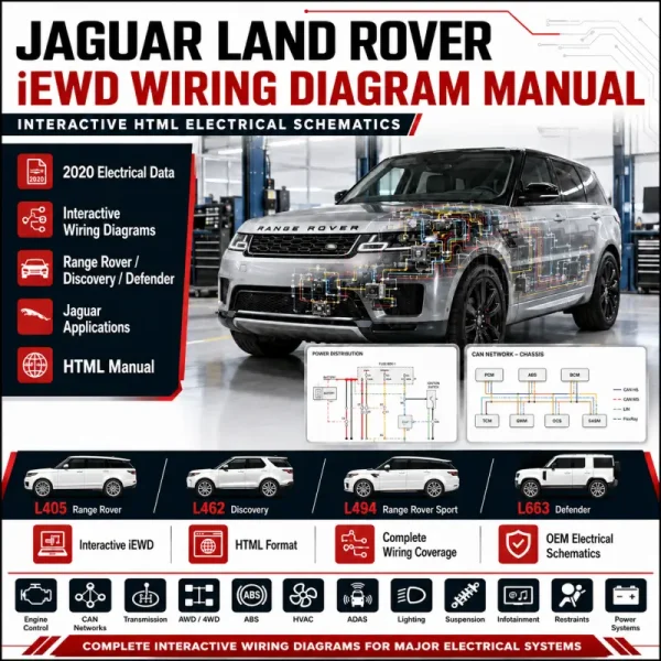 Jaguar Land Rover iEWD 2020 HTML wiring diagram manual covering Range Rover L405, Discovery L462, Range Rover Sport L494, Defender L663, CAN networks, engine control, transmission, AWD, ABS, HVAC, ADAS and complete electrical schematics.
