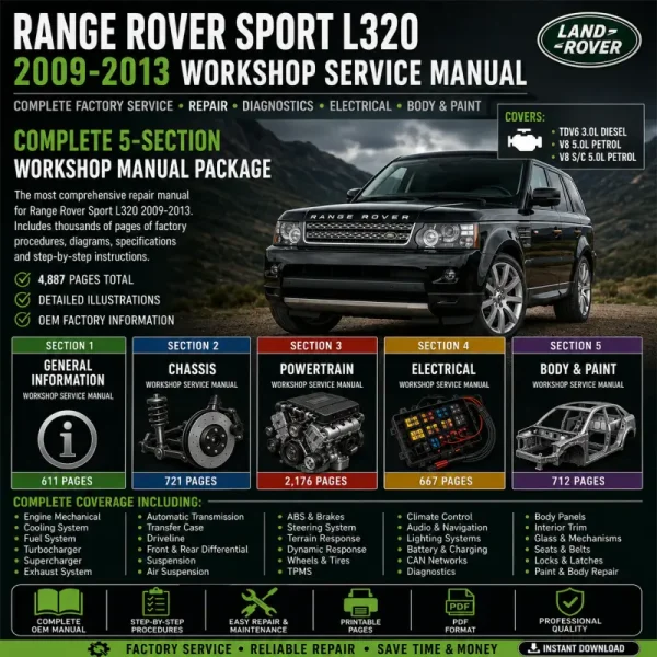 Range Rover Sport L320 2009–2013 OEM Workshop Service Manual covering engine, transmission, suspension, electrical systems, body repair and factory service procedures.