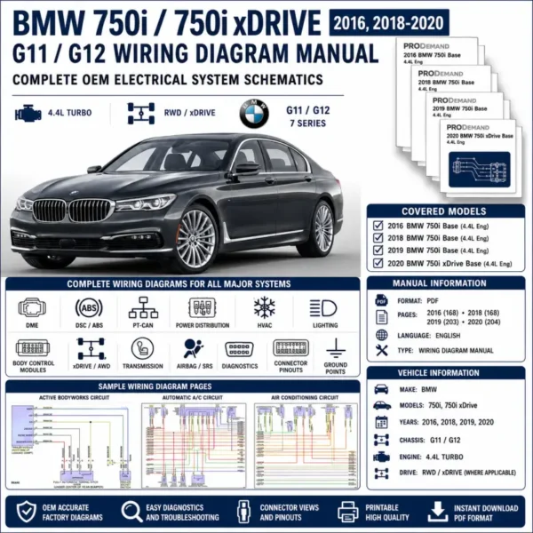 BMW 750i and 750i xDrive G11 G12 2016, 2018-2020 wiring diagram manual PDF for 4.4L turbo electrical systems, DME, DSC, PT-CAN, xDrive, power distribution, and OEM circuit schematics