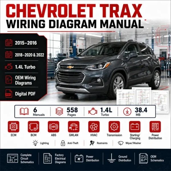 Chevrolet Trax 2015–2016, 2018–2020 and 2022 1.4L Turbo wiring diagram manual covering ECM, BCM, ABS, GMLAN, HVAC, transmission, power distribution and electrical schematics.