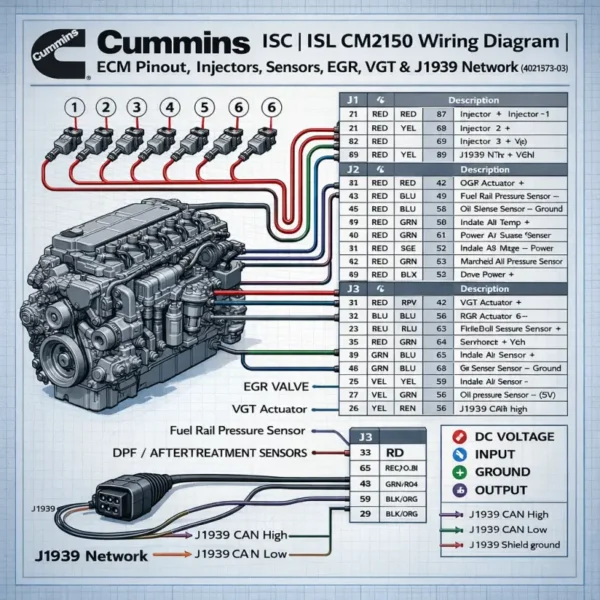Cummins ISC ISL CM2150 wiring diagram ECM pinout injectors EGR VGT DPF sensors J1939 network infographic schematic