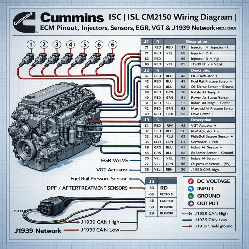 Cummins ISC ISL CM2150 Wiring Diagram ECM Pinout, Injectors, Sensors, EGR, VGT & J1939 Network (4021573-03) Cummins ISC ISL CM2150 wiring diagram ECM pinout injectors EGR VGT DPF sensors J1939 network infographic schematic