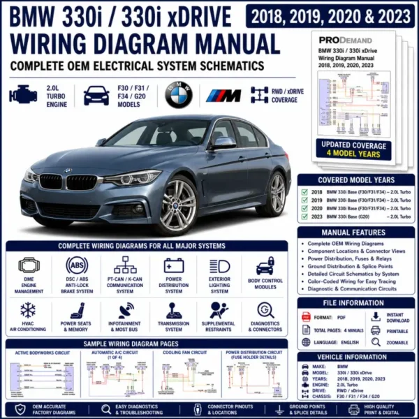 BMW 330i and 330i xDrive 2018-2023 wiring diagram manual PDF for 2.0L turbo electrical systems, DME, DSC, PT-CAN, power distribution, HVAC, lighting, and OEM circuit schematics