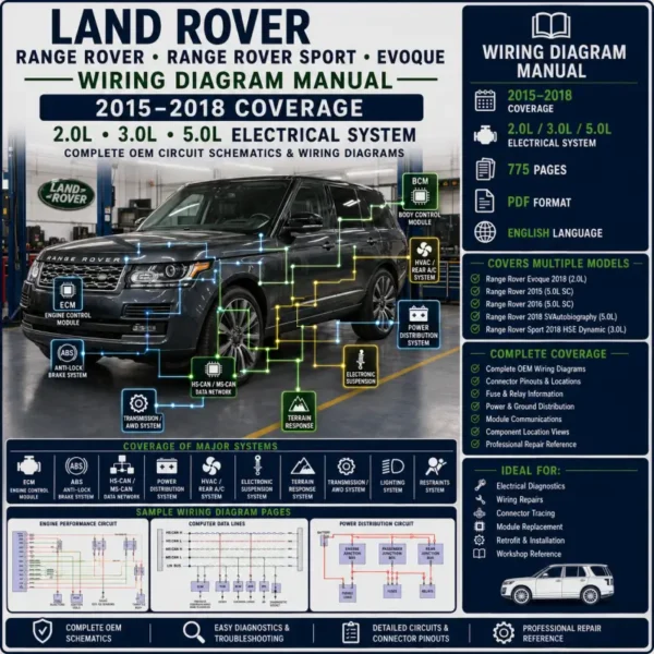 Land Rover Range Rover, Range Rover Sport and Evoque 2015 to 2018 wiring diagram manual covering 2.0L, 3.0L and 5.0L ECM, ABS, CAN data lines, HVAC, suspension, power distribution and OEM electrical schematics.