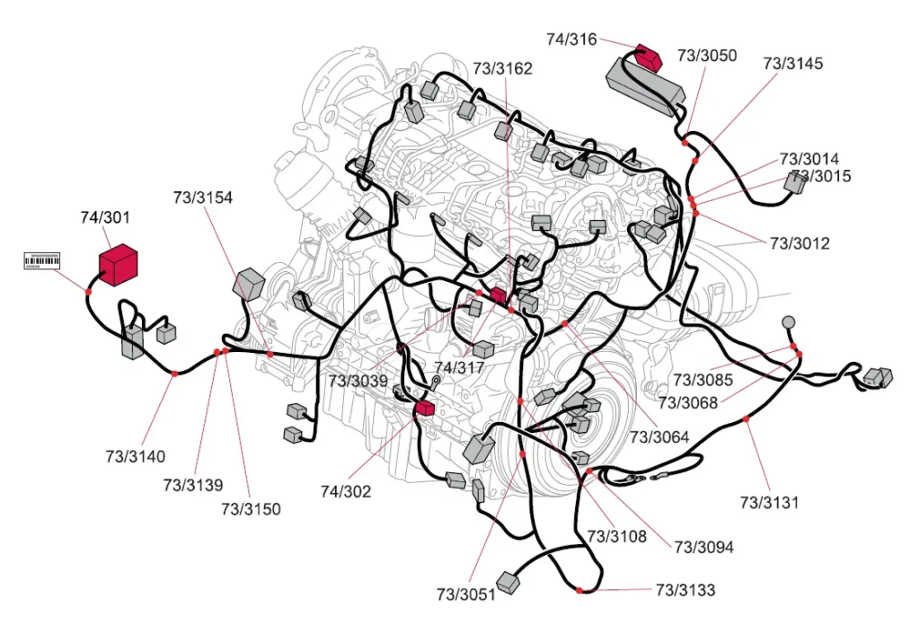 Volvo XC60 P3 engine wiring harness diagram illustrating complete electrical routing, connectors, control modules, and component connections across the engine bay for advanced diagnostics, repair, and troubleshooting