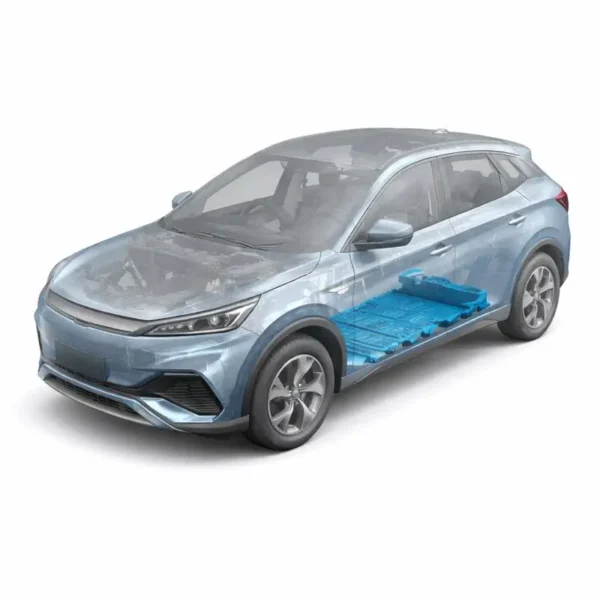 BYD Atto 3 Yuan Plus SC2E electric SUV showing internal Blade Battery pack layout in semi-transparent 3D view.