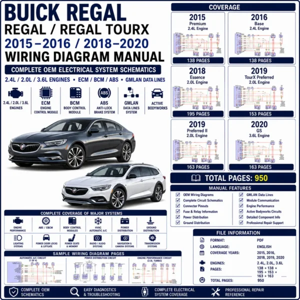 Buick Regal and Regal TourX 2015 2016 2018 2019 and 2020 wiring diagram manual covering 2.4L, 2.0L and 3.6L ECM, BCM, ABS, GMLAN, active bodyworks, power distribution and OEM schematics.