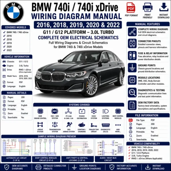 BMW 740i and 740i xDrive G11 G12 2016, 2018-2020 and 2022 wiring diagram manual PDF for 3.0L turbo electrical systems, DME, DSC, PT-CAN, xDrive, power distribution, and OEM circuit schematics