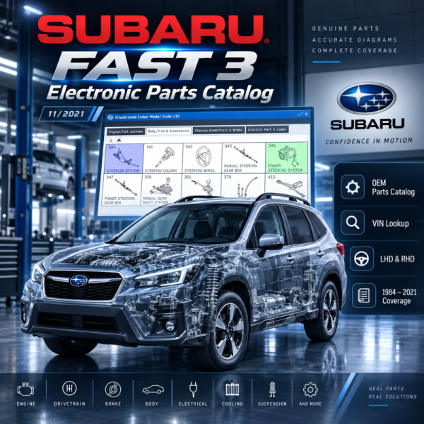 Subaru FAST 3 electronic parts catalog 11/2021 with OEM parts lookup, VIN search and LHD/RHD vehicle coverage
