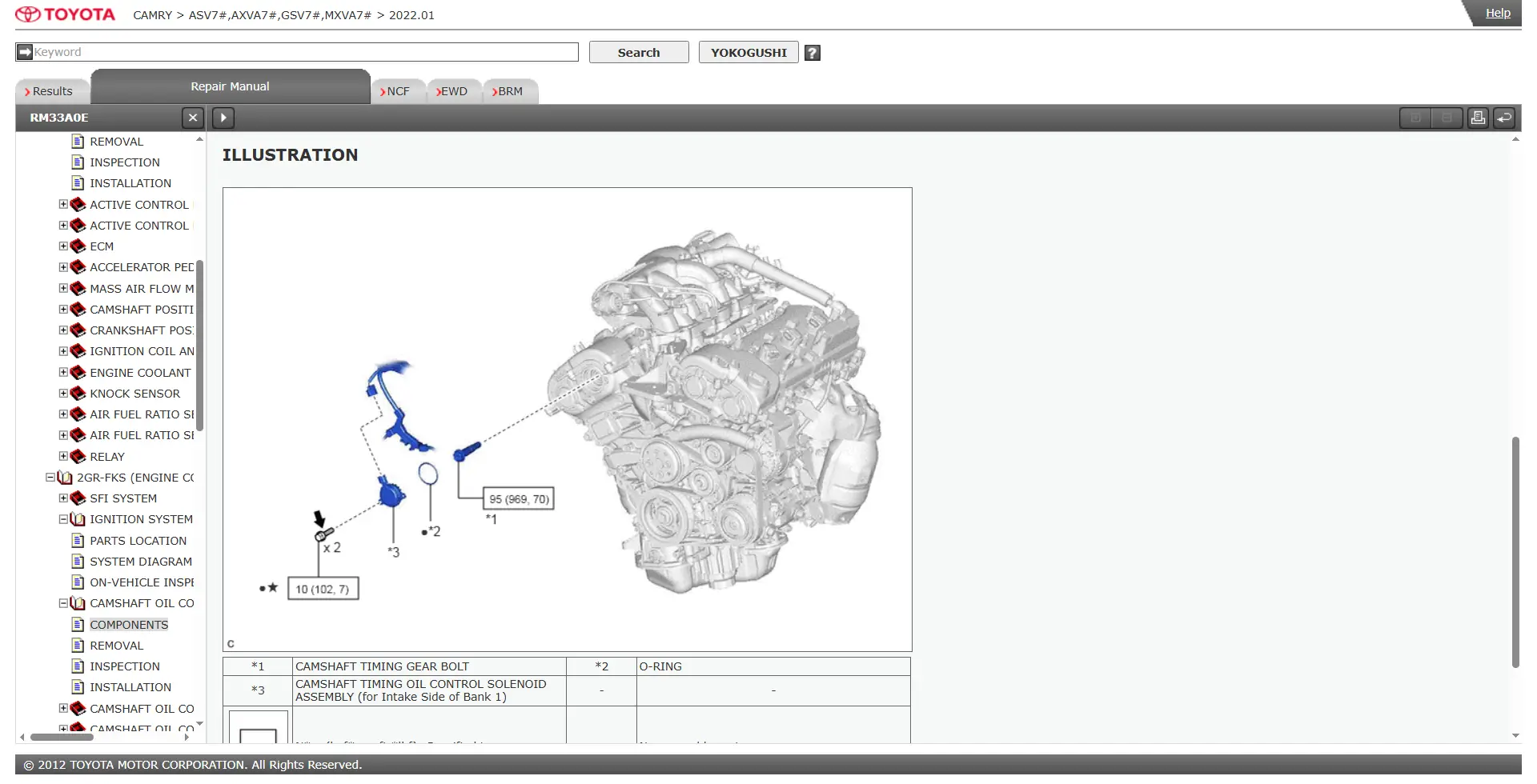 Toyota Camry factory repair manual showing camshaft timing oil control solenoid assembly location, component illustration, removal and installation procedures, and OEM engine service diagrams