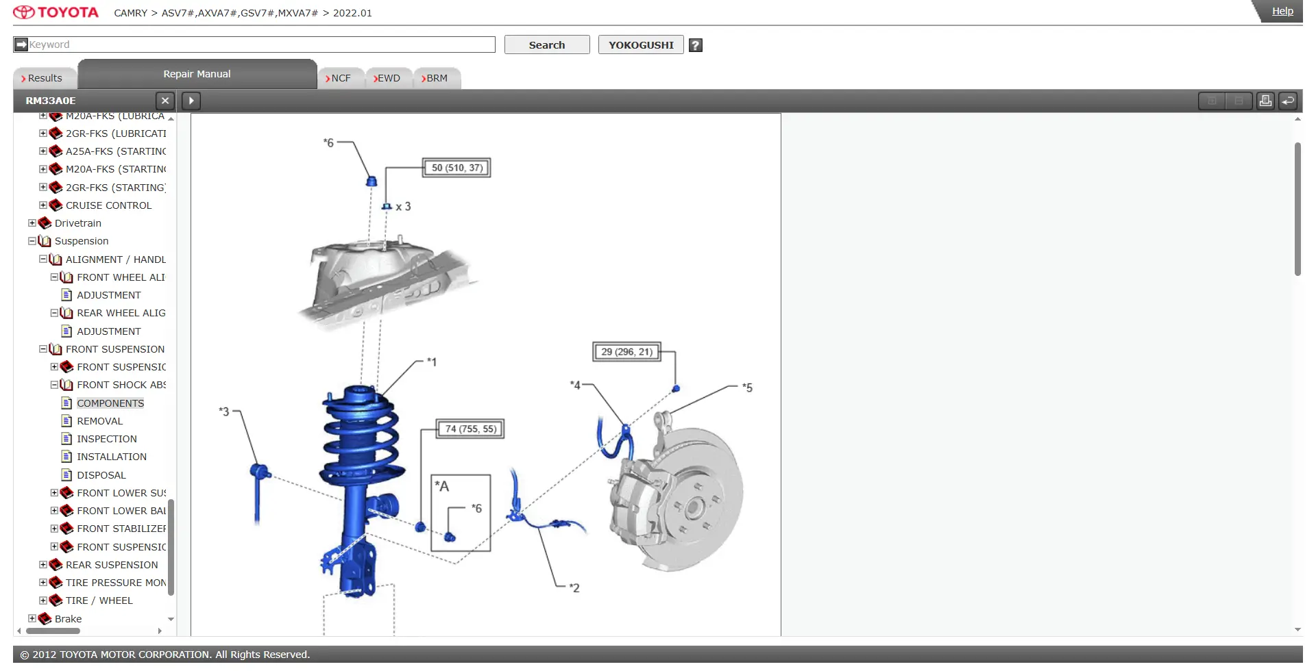Toyota Camry factory repair manual illustrating front suspension strut assembly, wheel hub and brake component layout, ABS sensor routing, removal and installation procedures, and OEM suspension service diagrams