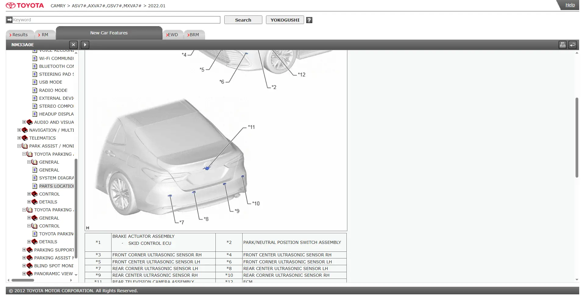 Toyota Camry parking assist system diagram showing rear ultrasonic parking sensors, rear view camera assembly, sensor locations, control modules, and OEM parking support system configuration