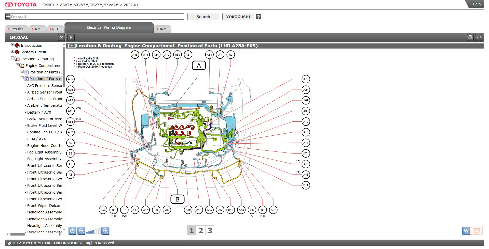 Toyota Camry electrical wiring diagram displaying engine compartment component locations, connector routing, wiring harness layout, ECU positions, sensors, modules, and OEM electrical system schematics