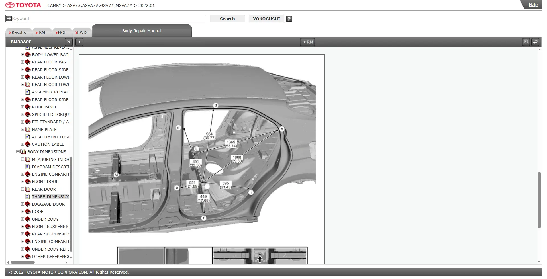Toyota Camry body repair manual showing rear door aperture dimensions, body structure measurement points, panel alignment specifications, chassis reference measurements, and OEM body repair procedures