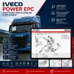 IVECO Power EPC electronic parts catalog and VIN lookup interface displayed on a tablet beside an IVECO truck.