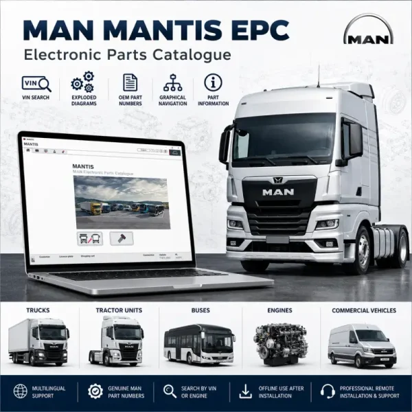 MAN MANTIS 7.1.8 parts catalog software displaying VIN search, exploded diagrams, OEM part numbers, and vehicle coverage