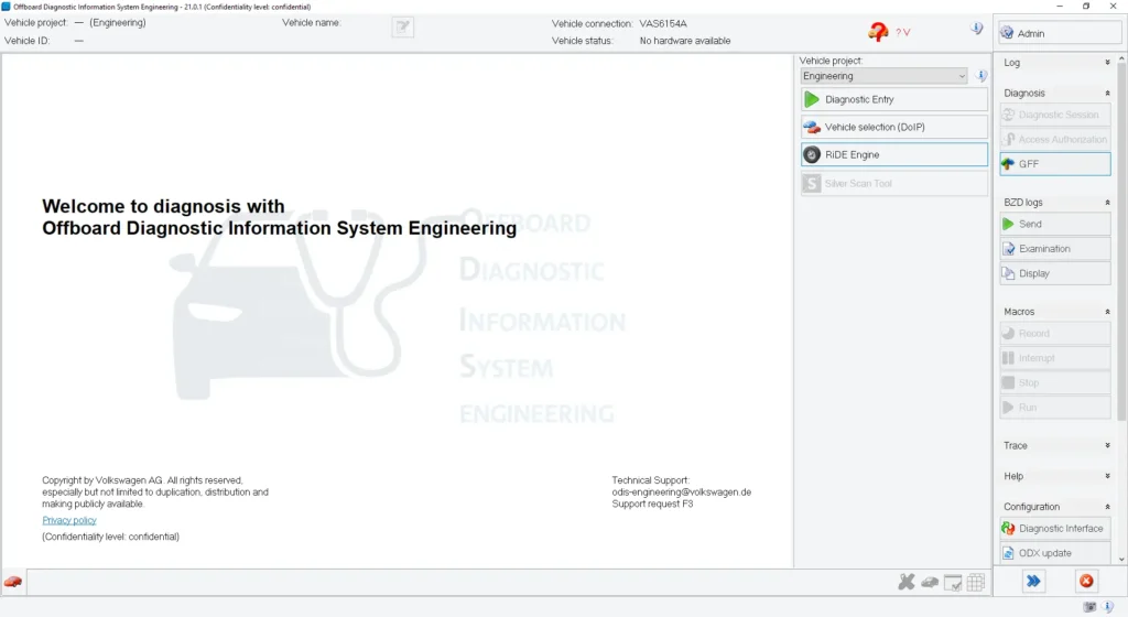 ODIS Engineering diagnostic software interface showing Offboard Diagnostic Information System Engineering v21.0.1 with VAS6154A connection status, vehicle selection (DoIP), RiDE Engine module, and diagnostic session tools for Volkswagen Group vehicle programming and advanced ECU diagnostics