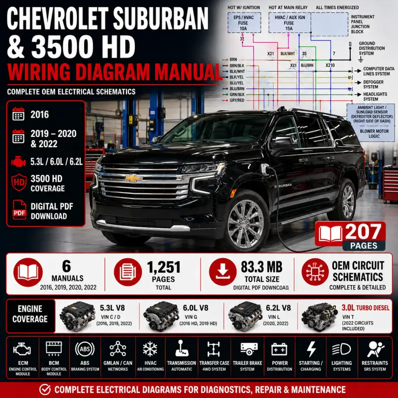Chevrolet Suburban & 3500 HD Wiring Diagram Manual 2016–2022 Chevrolet Suburban and Suburban 3500 HD 2016, 2019–2020 and 2022 wiring diagram manual covering 5.3L, 6.0L and 6.2L engines, ECM, BCM, ABS, GMLAN/CAN, transmission, transfer case, trailer brake and OEM electrical schematics.