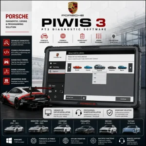 Porsche PIWIS 3 PT3 professional diagnostic software featuring vehicle diagnostics, ECU coding, programming, engineering functions, guided fault finding and wiring diagrams with VAS6154 and PT3G support.