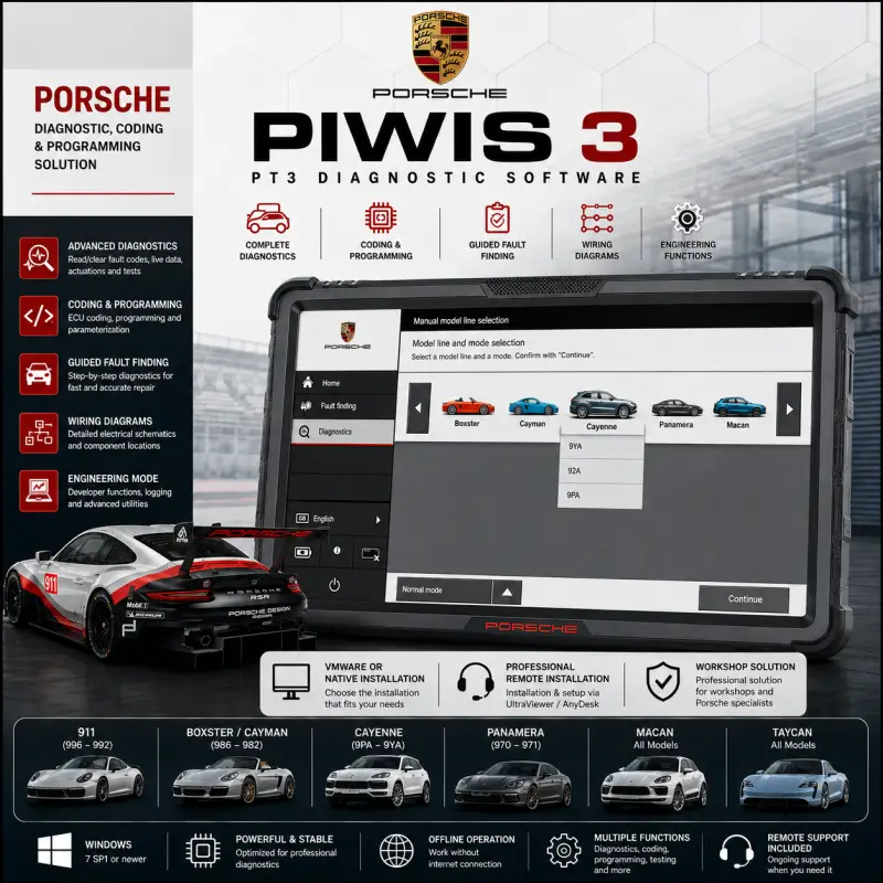 porsche-piwis-3-pt3-diagnostic-software Porsche PIWIS 3 PT3 professional diagnostic software featuring vehicle diagnostics, ECU coding, programming, engineering functions, guided fault finding and wiring diagrams with VAS6154 and PT3G support.
