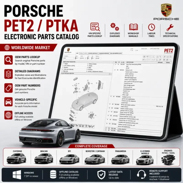 rsche PET2 PTKA electronic parts catalog 3.2025 featuring OEM part number lookup, detailed exploded parts diagrams, worldwide coverage and offline Windows access.