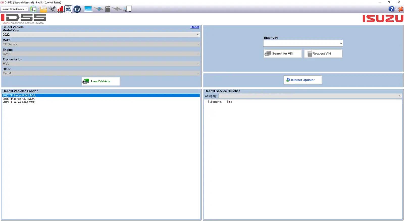 G-IDSS (Isuzu Diagnostic Service System) software interface for the 2022 TF Series, showing vehicle selection menus for engine and transmission, VIN entry field, and a recent vehicles log