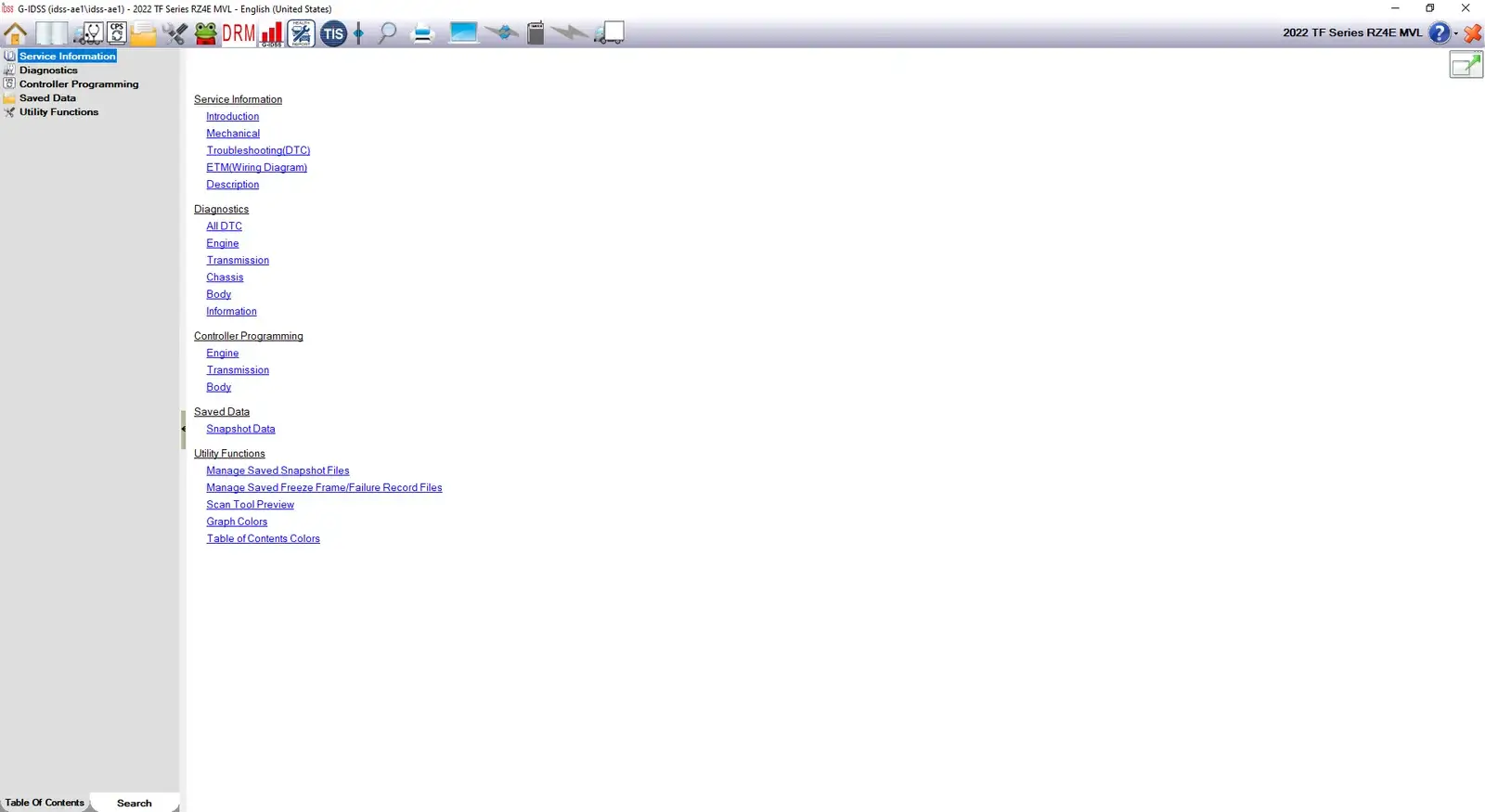 Interface of G-IDSS Isuzu Diagnostic Service System for general markets, showing vehicle selection menus for engine and transmission, VIN entry field, and a recent vehicles log for the 2022 TF Series