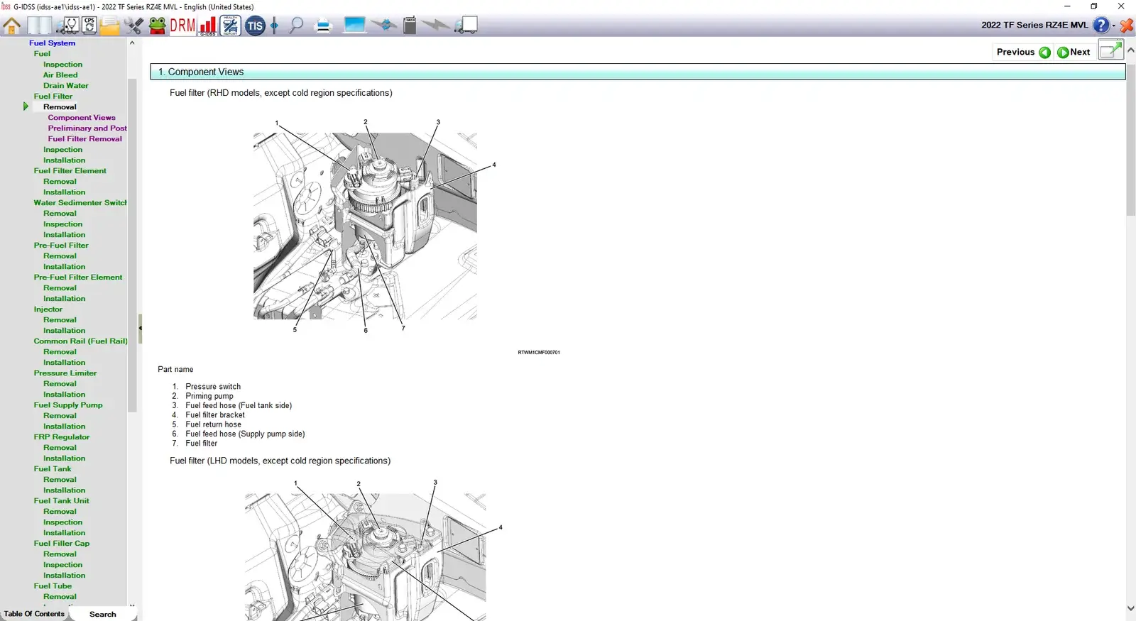 "G-IDSS Isuzu Diagnostic Service System interface for the 2022 TF Series, showing vehicle selection menus for engine and transmission, VIN entry, and recent vehicle logs
