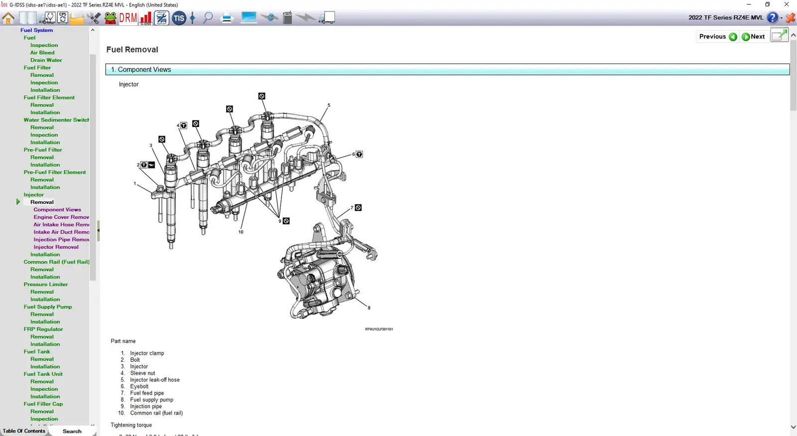 G-IDSS Isuzu Diagnostic Service System interface showing fuel injector removal component views for a 2022 TF Series RZ4E engine, including detailed diagrams of the common rail, fuel supply pump, and injection pipes