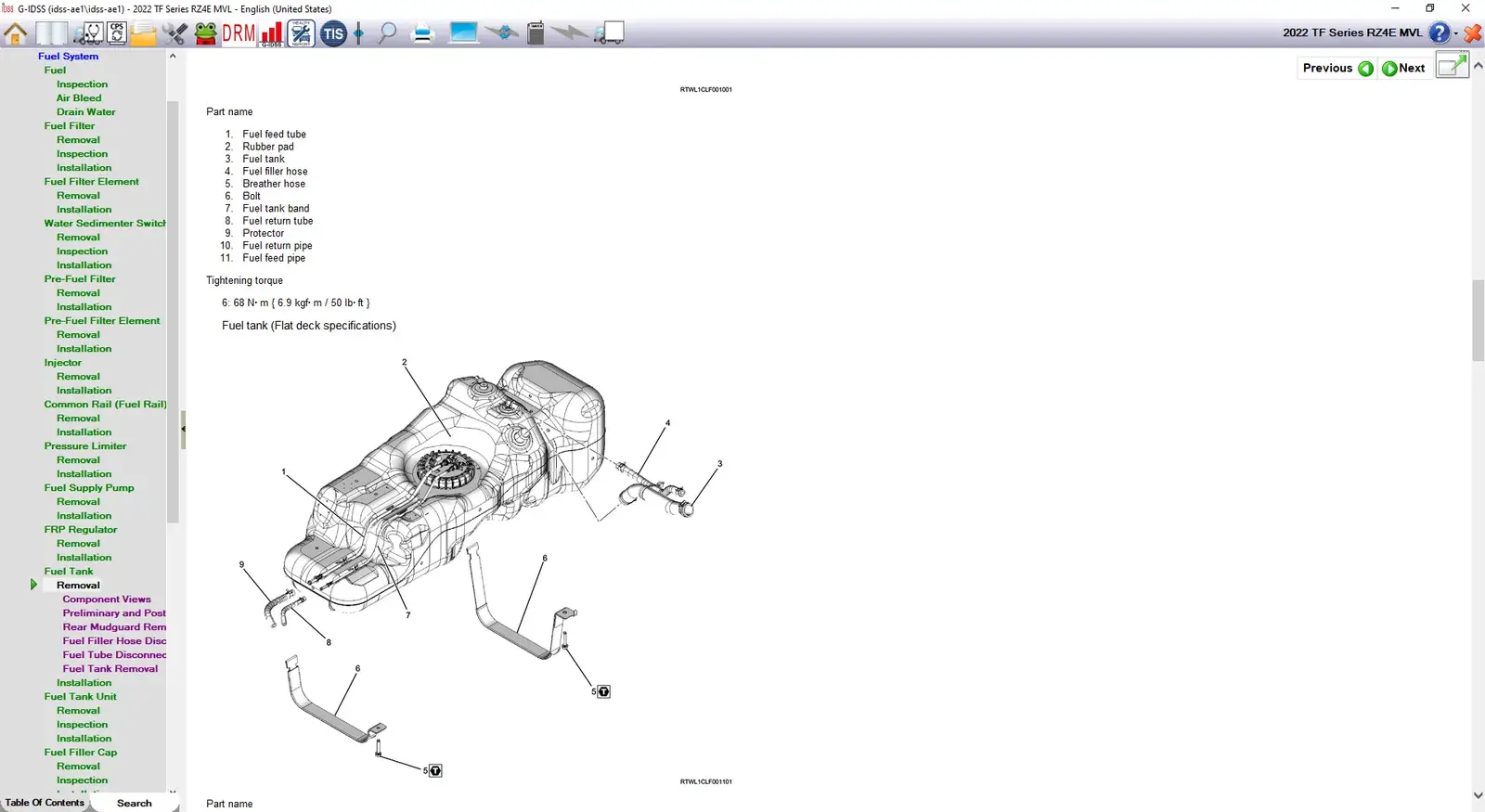 G-IDSS Isuzu Diagnostic Service System technical diagram for a 2022 TF Series RZ4E fuel tank, showing component views for removal including the fuel feed tube, filler hose, and tank bands with tightening torque specifications