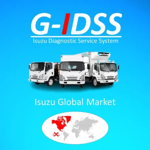 "G-IDSS Isuzu Diagnostic Service System software banner for the global market, featuring a lineup of Isuzu white commercial trucks and a world map highlighting regional coverage