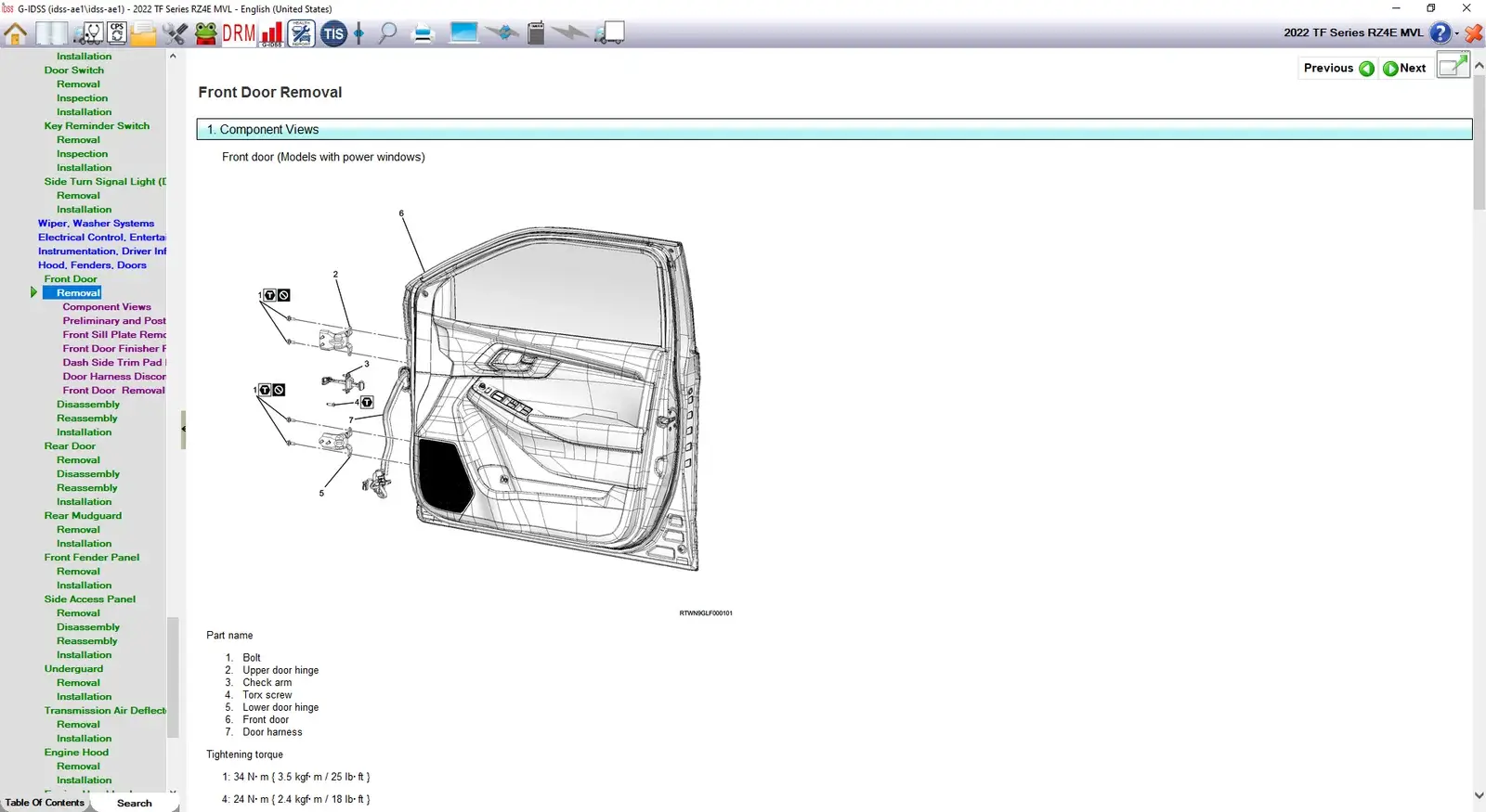 G-IDSS Isuzu Diagnostic Service System technical illustration for front door removal on a 2022 TF Series RZ4E, showing component views of the door harness, upper and lower hinges, and check arm with tightening torque specs