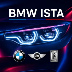 BMW ISTA software remote installation service diagram showing ISTA+ diagnostic interface on laptop with ICOM Next hardware