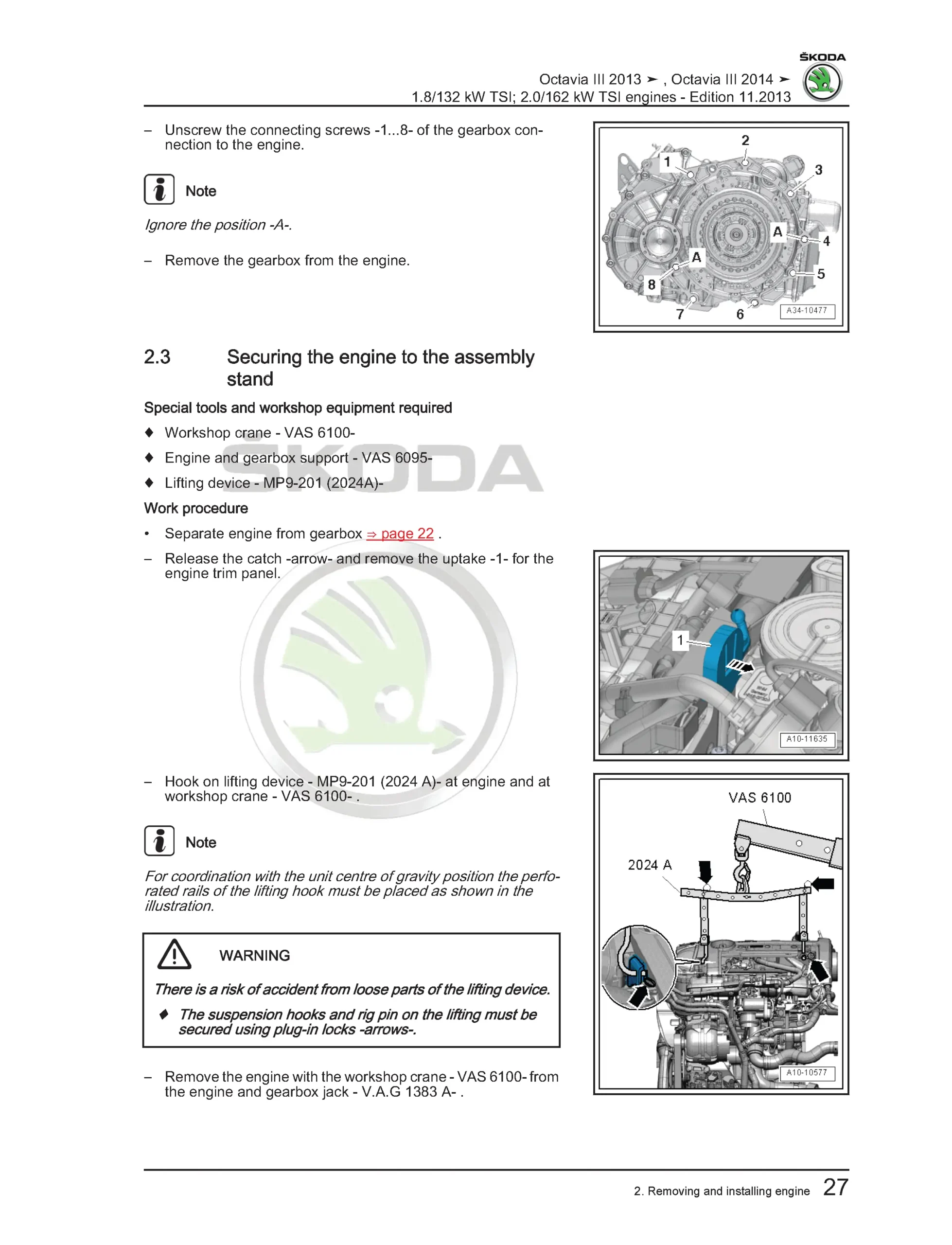 Engine and gearbox separation diagram for Škoda Octavia III TSI engines with bolt positions and gearbox removal reference illustration