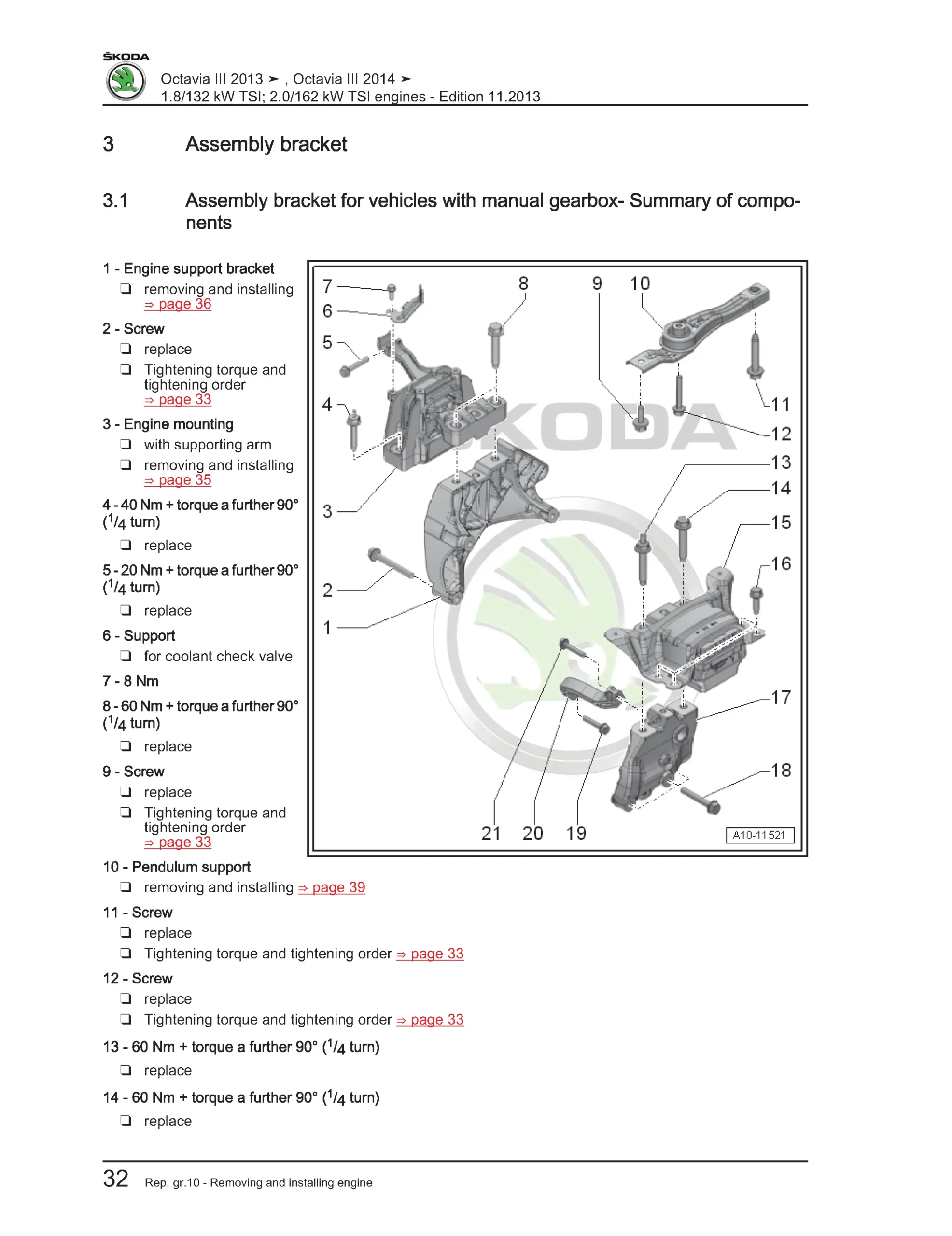 Securing Škoda Octavia III TSI engine to assembly stand using workshop crane and lifting device with safety positioning guidance