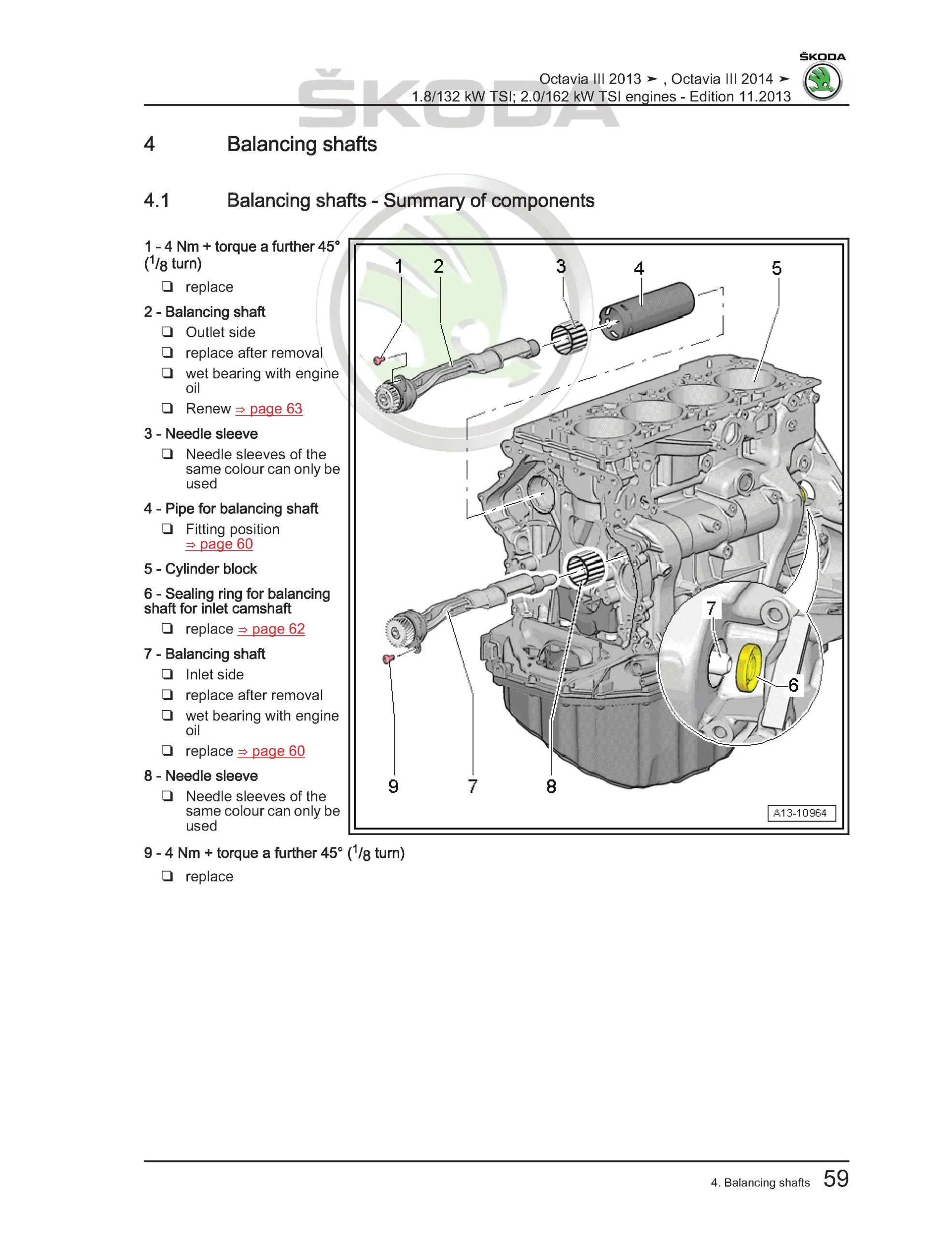 Balancing shafts exploded diagram for Škoda Octavia III TSI engines showing inlet and exhaust shafts, bearings, sealing rings, and installation orientation