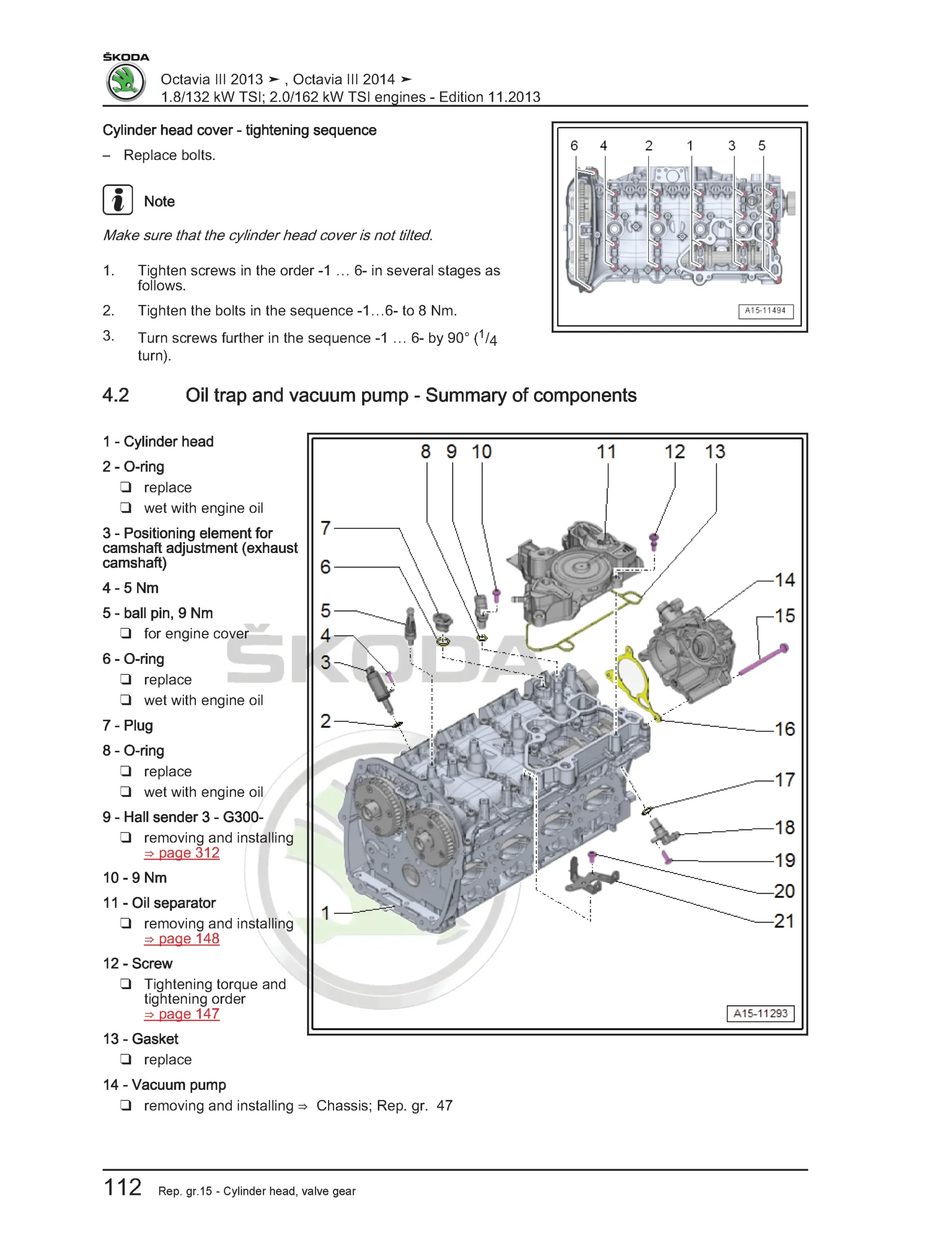 Assembly bracket exploded view for Škoda Octavia III TSI engines with manual gearbox showing engine mount components, bolt locations, and tightening torques