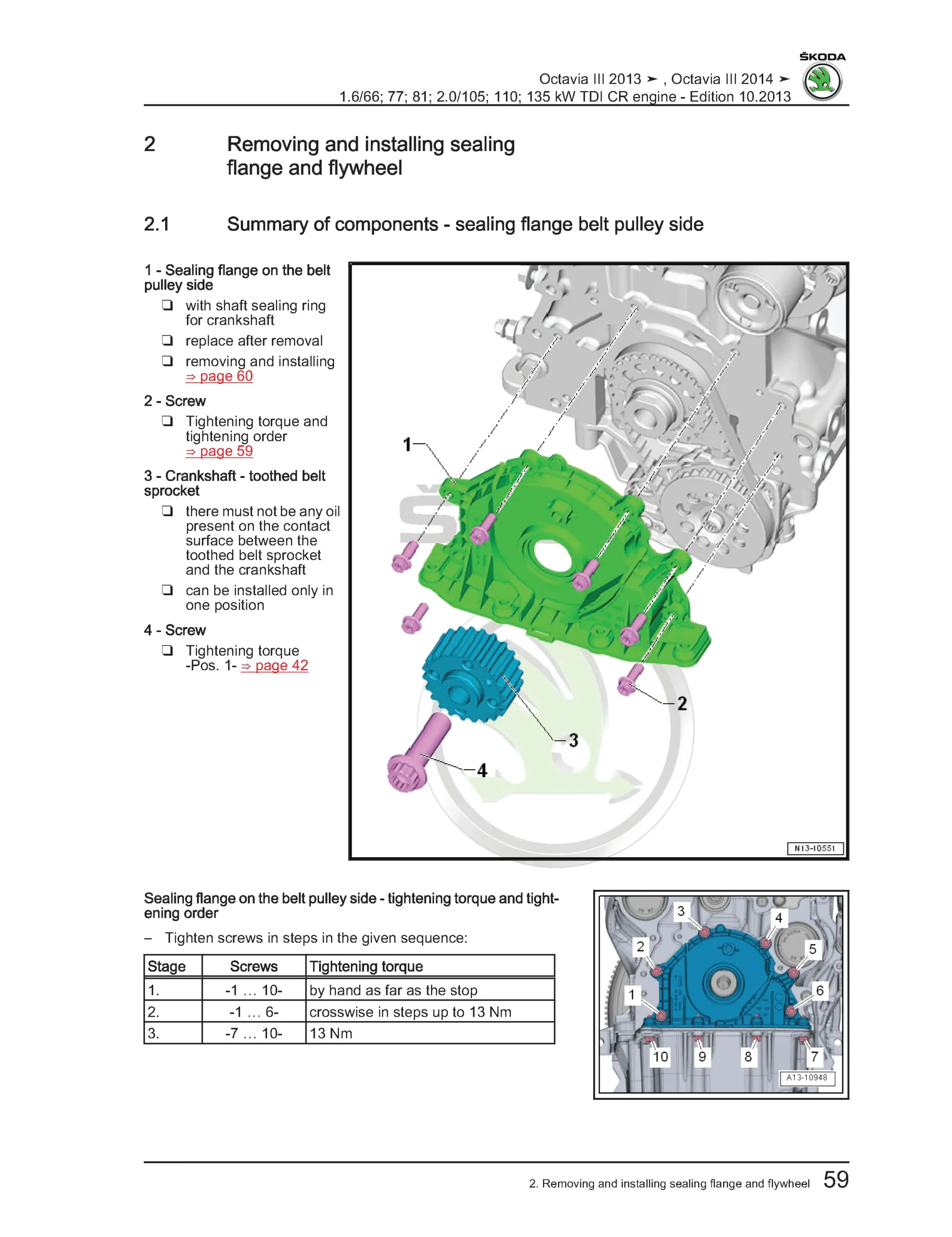 Workshop manual page for removing and installing sealing flange and flywheel with colored component diagram and tightening sequence table