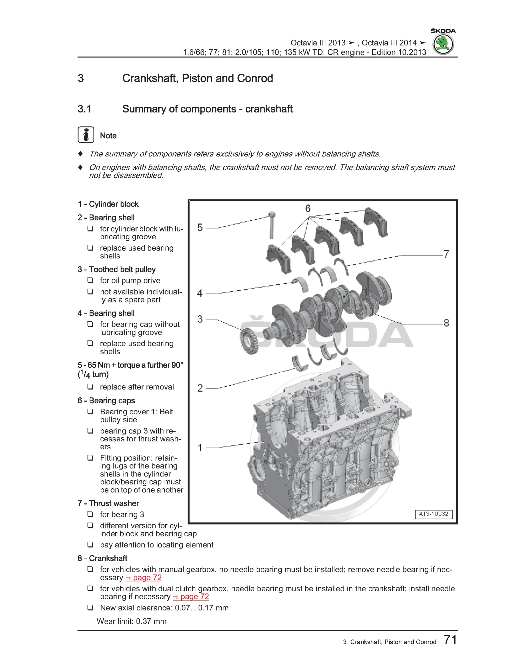 Workshop manual page showing crankshaft, piston and conrod section with exploded crankshaft assembly and bearing cap layout diagram
