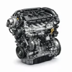 Detailed 3D render of the Škoda 1.4 TSI CHPA 103 kW engine, showing turbocharger, intake manifold, alternator, and belt drive layout