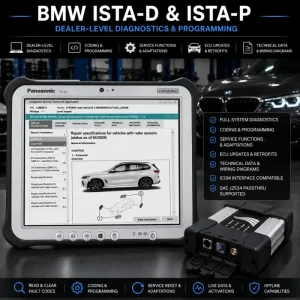 BMW ISTA-D and ISTA-P diagnostic and programming software displayed on a rugged diagnostic tablet with ICOM interface
