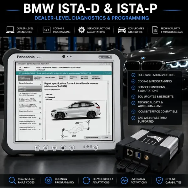 BMW ISTA-D and ISTA-P diagnostic and programming software displayed on a rugged diagnostic tablet with ICOM interface