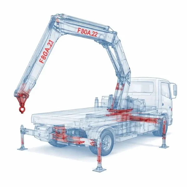 Fassi F80A.22 truck-mounted hydraulic crane diagram showing telescopic boom, outriggers, subframe and lifting system layout on white background