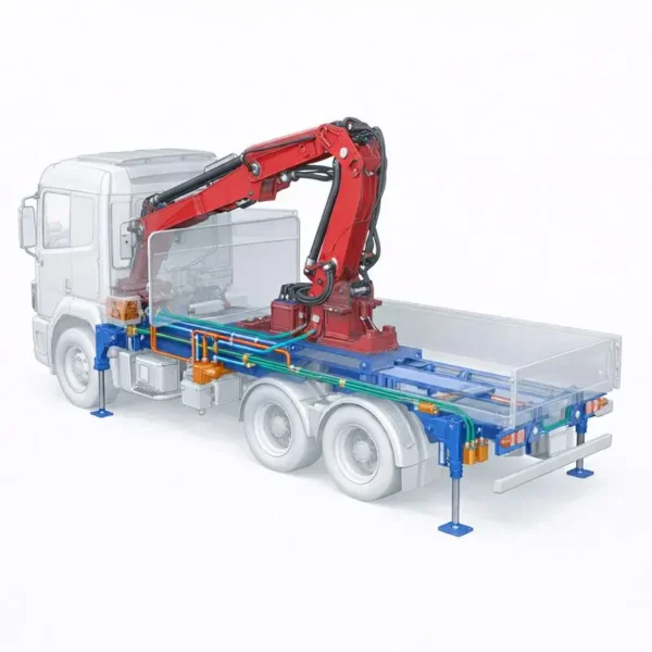 Fassi loader crane installation diagram showing subframe, outriggers, hydraulic lines and electrical routing on a truck chassis